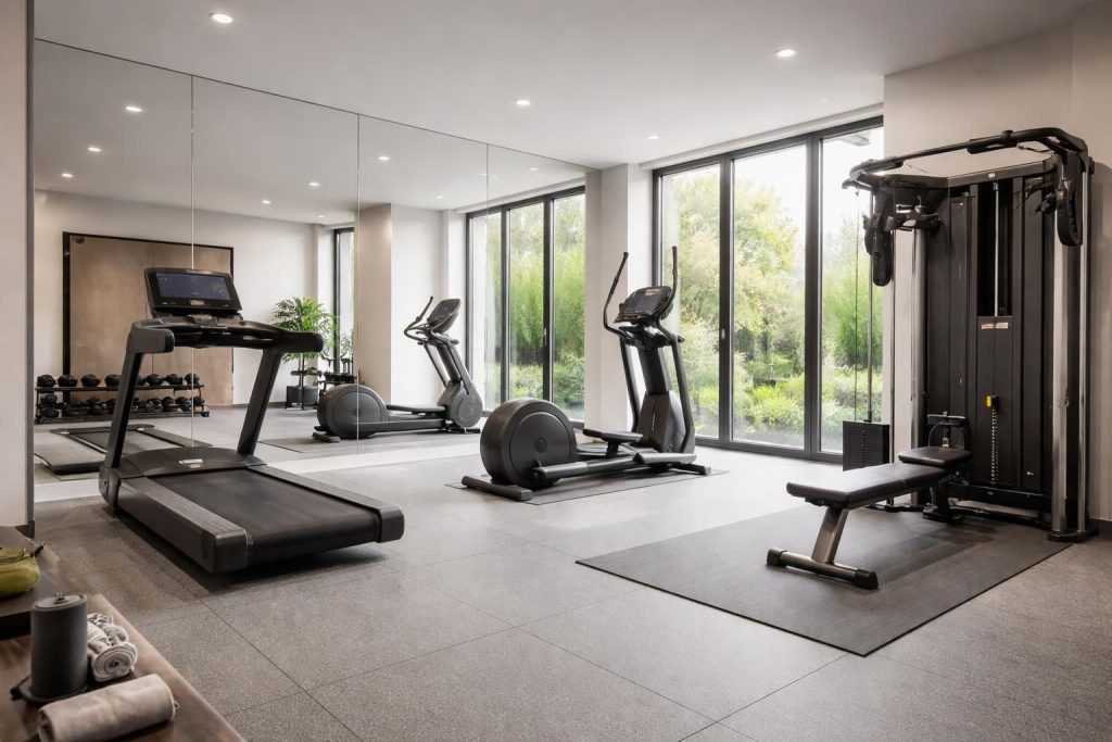 découvrez comment aménager une salle de sport à domicile idéale avec un sol amortissant, des miroirs et des équipements technogym pour un entraînement confortable et efficace.